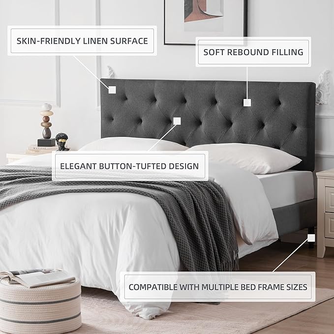 Linen Upholstered Headboard Full Size, Modern Diamond Tufting Solid Wood Full XL Headboard Only, Adjustable Height from 37” to 51” Head Board, Bed Frame or Wall Mount Headboards, Dark Grey