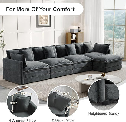 Modular Sectional Sofa, 146.5 Inch L-Shaped Cloud Sofa with Deep Seat Chenille Sofa with Cushions, Four Seater Sectional Sofa for Living Room Apartment,Gray