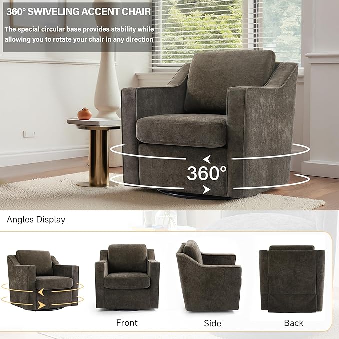 UIXE Swivel Accent Chair Set of 2, Chenille Upholstered Arm Chair for Living Room, Modern Club Armchair Comfy Single Sofa Bedroom Reading Seat with Lumbar Pillow - Coffee