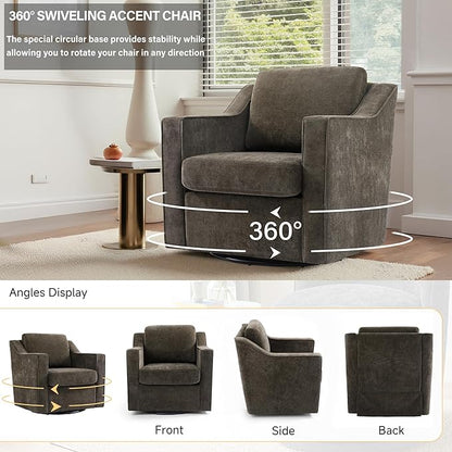 UIXE Swivel Accent Chair Set of 2, Chenille Upholstered Arm Chair for Living Room, Modern Club Armchair Comfy Single Sofa Bedroom Reading Seat with Lumbar Pillow - Coffee