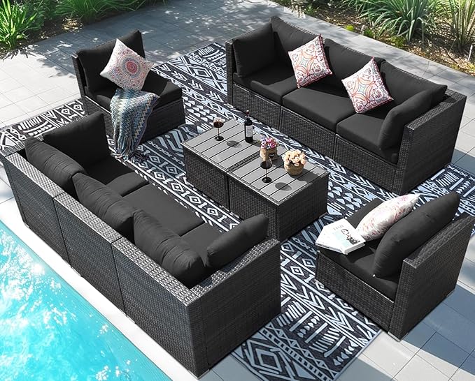 NICESOUL 10 Piece Outdoor Patio Furniture Set, Extra Large Wicker Modular Sectional with Side Tables, 29.3'' High Back Comfortable Rattan Conversations, Modern Couches Gray Color for Exteriors, Gray