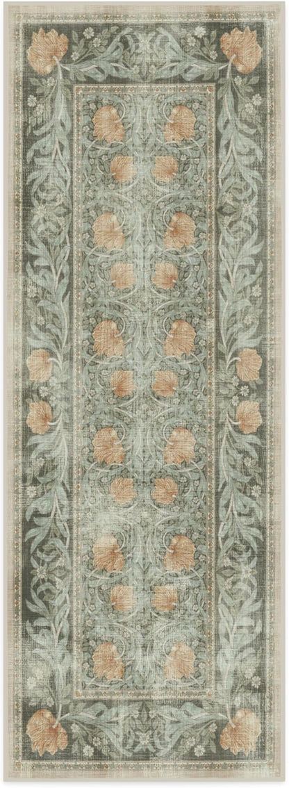 RUGGABLE x Morris & Co Machine Washable Runner Rug – Pimpernel Vintage Green 2.5x7, Stain-Resistant, Non-Slip – Washable Rug for Hallway, Entryway, Living Room & Kitchen–with Standard Pad