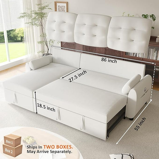 Ucloveria Sleeper Sofa Bed, 86" Convertible Sectional Sofa Couches for Living Room, Pull Out Couch Bed with Reversible Storage Chaise | USB Ports | Side Pockets | Removable Backrest