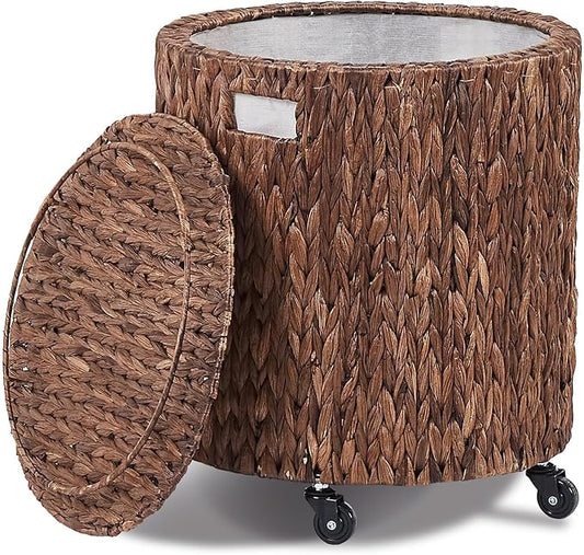 Wimarsbon Round Pouf Ottomans, Handwoven Natural Water Hyacinth Seagrass Pouffe,Outdoor Rattan Stool Accent Seat, Bohemian Coastal Home Decor (Storage Ottoman - Dark Water Hyacinth Braid)