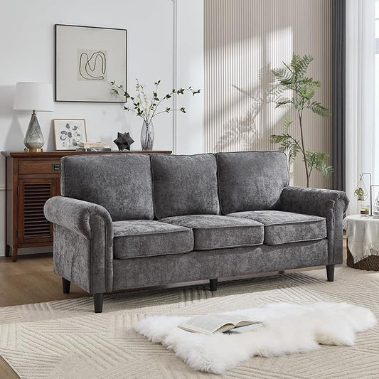 Kingfun 3 Seater Couch, Mid Century Modern Sofa with Rolled Arms and Deep Seats, Fluffy Comfort for Living Room, Apartment, Easy Assembly, Gray