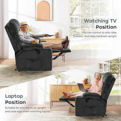 ABCASA Oversized Dual Motor Lay Flat Power Lift Recliner Chair with Massage, Heating, Lumbar Pillow, USB & Type-C Ports, Textile Lift Chair Recliner, Large Recliner for Big & Elderly People - Grey