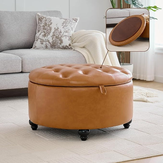 30Inch Round Storage Ottoman with Tray, Modern Tufted Leather Circle Coffee Table with Storage, Upholstered Ottoman with Removable Top for Living Room, Bedroom, Leather Brown