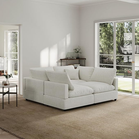 Linen Sleeper Sofa Bed,Modern Sectional Sofa Couch for Living Room,67 Inch Cloud Couches Cushion Covers Removable,Cozy Feather Down Sofa for Apartment Cream White
