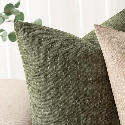 Foindtower Pack of 2 Soft Textured Chenille Throw Decorative Pillow Covers Square Accent Solid Cushion Cover Cozy Neutral Farmhouse Pillow Case for Couch Sofa Bedroom Living Room 24x24 Inch,Dark Green