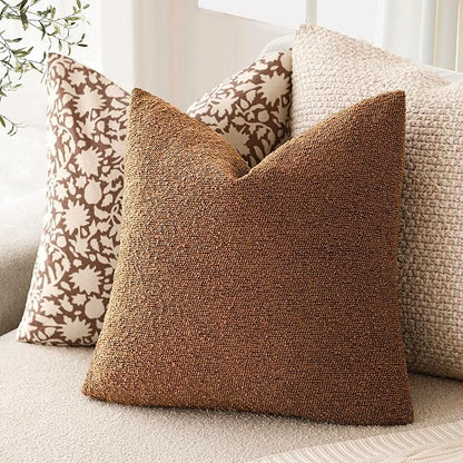 Foindtower Pack of 2 Modern Textured Boucle Throw Pillow Covers Accent Solid Decorative Pillow Cases Cozy Woven Couch Cushion Case for Chair Sofa Bedroom Living Room Home Decor 20x20 Inch Hazel Brown