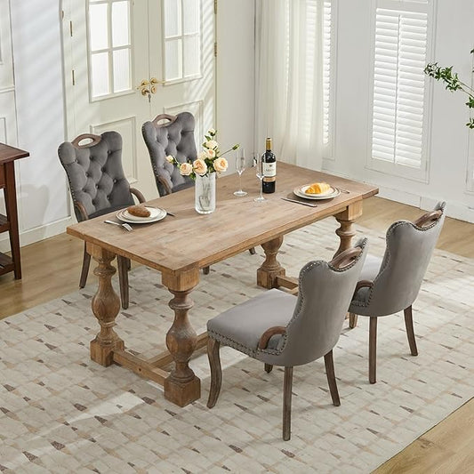Velvet Dining Chairs Set of 4, Solid Wood Handles, Wooden Upholstered Dining Chair, Vintage Copper Nail Decoration, Mid Century Modern Kitchen Chair (Grey, Set of 4)