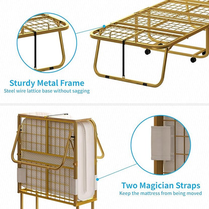 Mjkone Folding Bed with 5" Memory Foam Mattress & Upgraded 75x38 Frame Single Portable Guest Bed, Space-Saving Design, Lockable Wheels for Easy Moving, Quick Assembly & Compact Storage-Gold