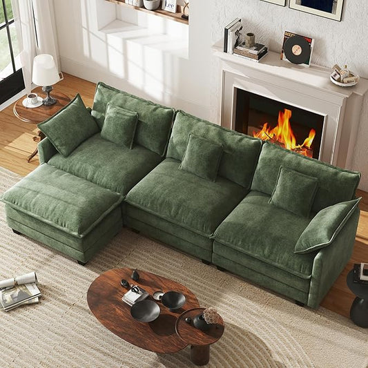 WorthFurni 111.4” Cloud Couch Modular Sectional Sofa with Ottoman, Comfy Modern 3-Seater Couches with Pillows & Upholstered Deep Seat Cushion for Apartment Living Room Bedroom (Green)