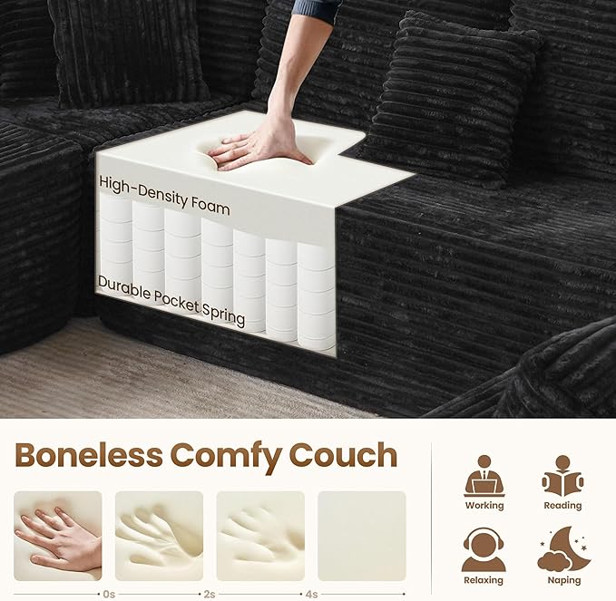 Cloud Sectional Couch with Loveseat, Boneless U-Shaped Cloud Couch with Deep Seat, Soft Plush Modern Minimalist Sofa, Assembly Free Modular Floor Sofa for Office Living Room Apartment, Black