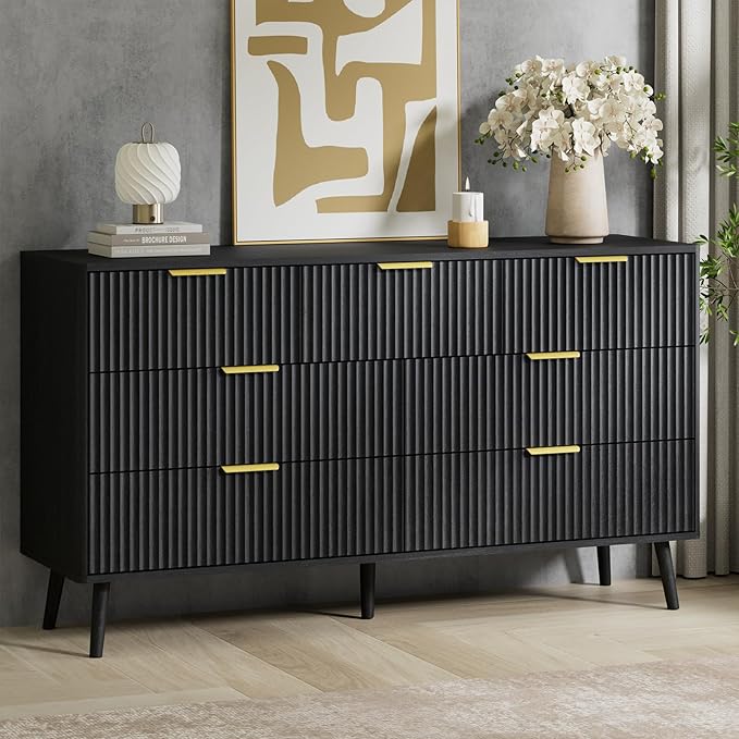 LYNSOM Fluted Dresser and Nightstand Sets 2 Piece, 2-Drawer Nightstands and 7-Drawers Dresser, Wood Bedroom Furniture Set for Home, Bedroom, Hallway, Black
