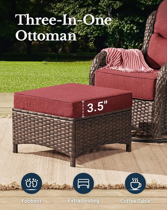 HILLGA Luxury Outdoor Swivel Rocker Patio Chairs of 2 with 6 Inch Thick Cushions and Side Table, Swivel Outdoor Chairs 3PCS High Back Wicker Patio Furniture Set for Porch, Balcony, Deck in Burgundy