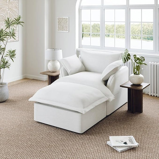 48” Oversized Chaise Lounge Chair, Modular Sectional Sofa, Down Fill Cloud Couch with Washable Cover, Single Seater with Ottoman, Sectional Couches for Living Room Apartments, Cream White