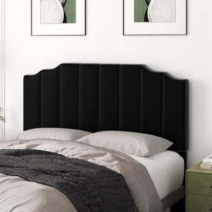 Queen Size Headboard Only, Velvet Wall Mounted Headboard Queen Size for Adjustable Bed, Modern Vertical Channel Design with Curved Tufted Upholstered Head Board and Luxury Soft Padded, Black