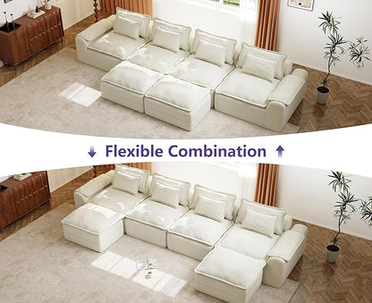 Hobestluk 152" Cloud Modular Sectional Couch 4-Seater Sofa with Ottomans U Shaped Couch Deep Seat Sofa with Removable Cover for Living Room (Beige, 4-Seater Sofa with Two Ottomans)