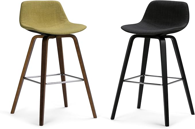 SIMPLIHOME Randolph Counter Stools (Set of 2) - 28 Inch Seat Height Upholstered Bentwood Kitchen Seats in Charcoal Grey Black Linen Look Fabric, Mid Century Seating with Curved Backrest and Footrest