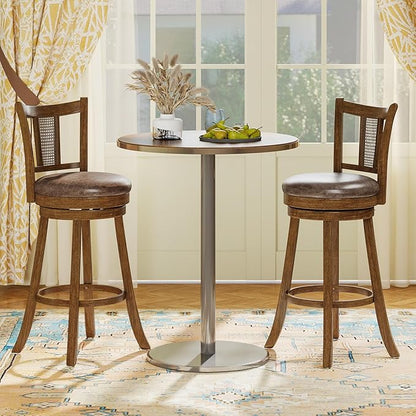 COSTWAY Barstools Set of 4, 30” Solid Rubber Wood Swivel Bar Chairs with Faux Leather Seat, Curved PE Rattan Back, for Living Room & Kitchen Island, Brown (4, 30” Seat Height)