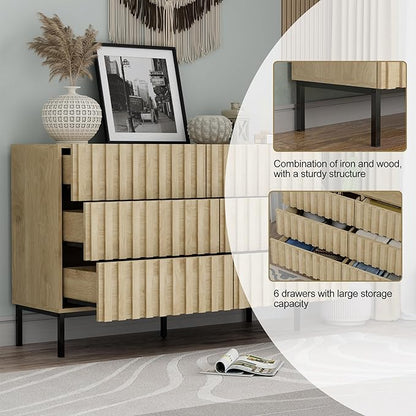 UEV Fluted Dresser for Bedroom with 6 Drawers, 47" Wide Large Chest of Drawers with Metal Stand, Mid-Century Wooden Dresser TV Stand, Closet Storage Organizer for Living Room, Hallway (Ivory White)