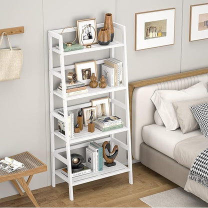 Homykic Ladder Shelf, 4-Tier Bamboo Ladder Bookshelf, 49.2” White Book Shelf, Open Bookcase Freestanding Plant Stand for Small Space, Bathroom, Living Room, Bedroom, Home Office