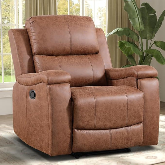Leather Recliner Chair, Manual Recliner Chair for Adults with Overstuffed Arms and Back, Single Sofa Recliner with Cup Holders for Living Room (1, Brown)
