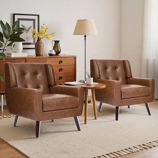 Faux Leather Accent Chairs Set of 2, Mid-Century Modern Upholstered Armchair, Comfy Living Room Chairs Reading Chairs with Button Tufted Back & Solid Wood Legs for Bedroom, Office, Coffee
