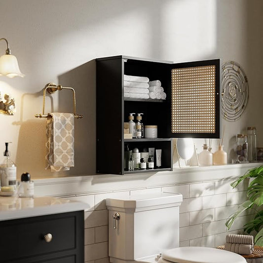 Bathroom Wall Cabinet, Bamboo Over-The-Toilet Storage Organizer with Rattan Doors and Adjustable Shelf, Space Saver Medicine Cabinet for Laundry, Kitchen, Living Room (Black)