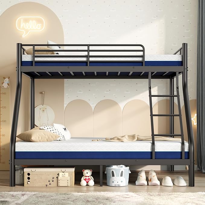 SDHYL Twin Over Full Bunk Bed with Two Mattresses, All-in-One Metal Bunk Bed Set for Kids/Adults, Heavy Duty Sturdy Frame, 6 Inch Twin & Full Memory Foam Mattress Included, Space-Saving, Easy Assembly