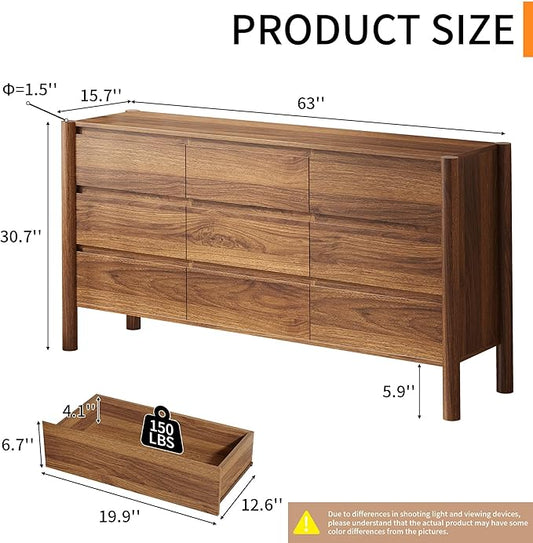 Dresser for Bedroom with 9 Drawers,63" Wide Walnut Dresser with 4 Solid Wood Legs, Wooden TV Stand,Closet Clothes Organizer for Bedroom, Hallway