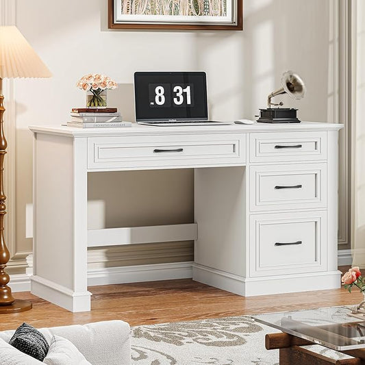 Farmhouse 47" Executive Desk, Computer Desk with Drawers and File Drawer, Workstation Computer Desk with Charging Station for Home Office,Study,（Cream White）