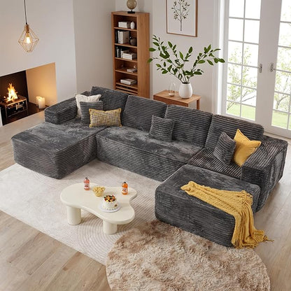 133.1'' Boneless Sectional Couches for Living Room, Oversized Cloud Couch with Chaise & Ottoman, Modular Sofa Sets Deep Seat Plush Corduroy, No Assembly Required,Plush Corduroy,Gray