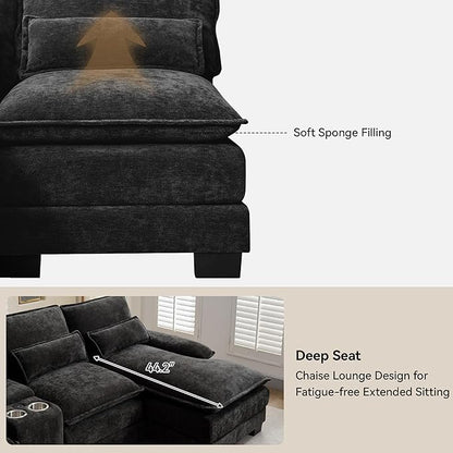 U Shaped Sectional Sofa with Storage Console, Cup Holders & USB Ports, Small Modular Cloud Couch with Deep Seats, Modern Comfy Living Room Sofa for Apartment, Chenille Black
