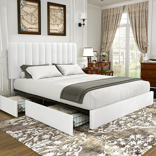 VECELO King Size Upholstered Bed Frame with 4 Drawers and Headboard, Velvet Platform Storage Bedframe, Wooden Slats Support, No Box Spring Needed,Snow-White
