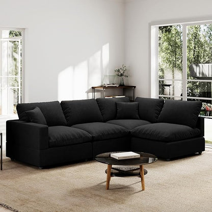 Modern Sectional Linen Couch for Living Room,4 Seat Modular Cloud Sofas,Detachable Couch Cushion Covers,Cozy Feather Down Sofa for Apartment Black