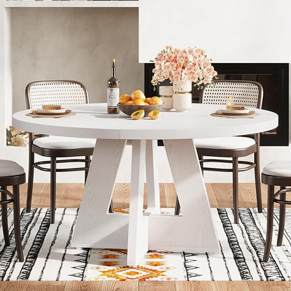 Tribesigns Round Dining Table for 4, 47 inch Farmhouse Circle Kitchen Table with Wooden Pedestal Base for Kitchen, Dining Room, Living Room (White)