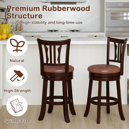 COSTWAY 26" Counter Height Stools Set of 4, Swivel High-Top Chairs with Backrest & Faux Leather Padded Seat, Rubber Wood Counter Barstools with Footrest for Kitchen, Dining Room, Pub (4,26'')