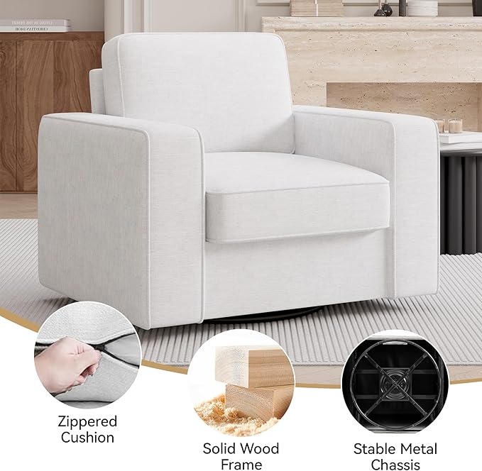Swivel Accent Sofa Chair, FSC Certified Sofa Armchairs with Extra Wide Mid-Century Modern 1pcs for Living Room, Bedroom, Office, White