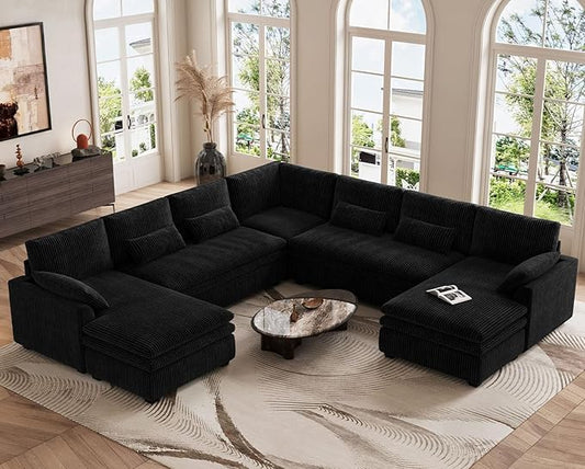 Belffin Large Modular Sectional Sofa with Double Deep Chaise and Loveseat, Corduroy U Shape Couch with 9" Soft Dual-Layer 9 Seats Cushion for Living Room, Apartment, Black