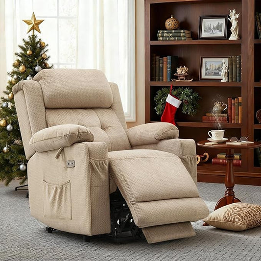MCombo Medium Triple Motor Power Lift Recliner Chair with Massage and Heat for Elderly People, Adjustable Headrest, Infinite Position, USB Ports, Fabric 7661 (Beige, Medium)