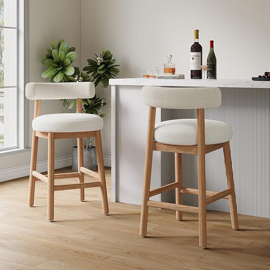 Christopher Knight Home Annes Counter Height Bar Stools Set of 2, Boucle Fabric Round Bar Stool for Kitchen Island, Wooden Dining Room Chair, Counter Stool with Footrest, Natural+Milky White