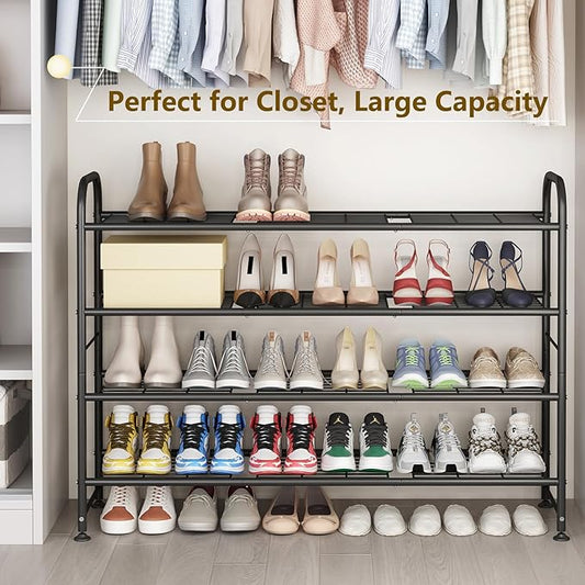 LINZINAR Shoe Rack Long 4 Tier Shoe Storage Organizer Metal Wide Shoe Shelf for Closet Entryway Bedroom 24 Paris Large Capacity, Gold Black