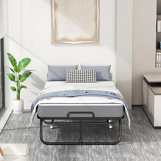 INTERGREAT Folding Bed with Mattress, 75" x 38" - 5" Thick Memory Foam Mattress, Twin Size Portable Beds for Adults, Metal Bed Frame on Wheels for Guest, Space Saving Roll Away Beds for Easy Storage