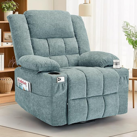 Adult 360° Swivel Rocking Recliner, Baby Room Glider Recliner with Massage and Heating, Rocking Chair with Cup Holder, Living Room and Bedroom Manual Chair (Fabric, Lake Blue)
