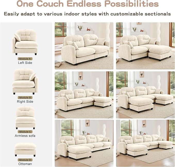 140" L Shaped Sofa for Living Room, Comfy Chenille Fabric Cloud Sectional Couch, Modern Upholstered Deep Seat Sofa with Pillow and Movable Ottoman, Oversized 4 Seater Sectional Sofa, Beige