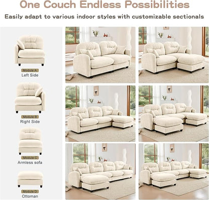 74" Loveseat L Shaped Sofa with Ottoman, Comfy Chenille Fabric Cloud Sectional Couch, Modern Upholstered Deep Seat Sofa with Armrest Pillow, Cloud Couch for Small Spaces Apartment, Beige