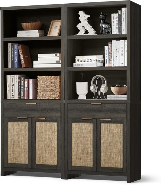 Hampstead Bookcase, Rattan Bookcase with Doors Cabinet and Drawer, 5-Tier Bookshelf, Large Wooden Book Case, Tall Bookshelves for Library Living Room (Midnight Oak, 2 Pieces)