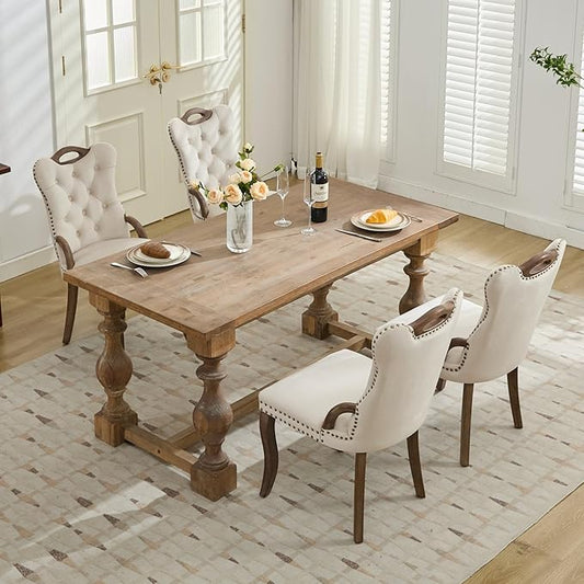 Velvet Dining Chairs Set of 4, Solid Wood Handles, Wooden Upholstered Dining Chair, Vintage Copper Nail Decoration, Mid Century Modern Kitchen Chair (Beige, Set of 4)